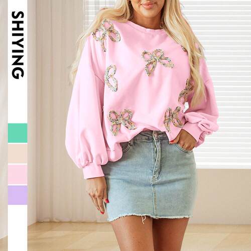 Pink Embroidered Bow Lantern Sleeve Oversized Pullover Women
