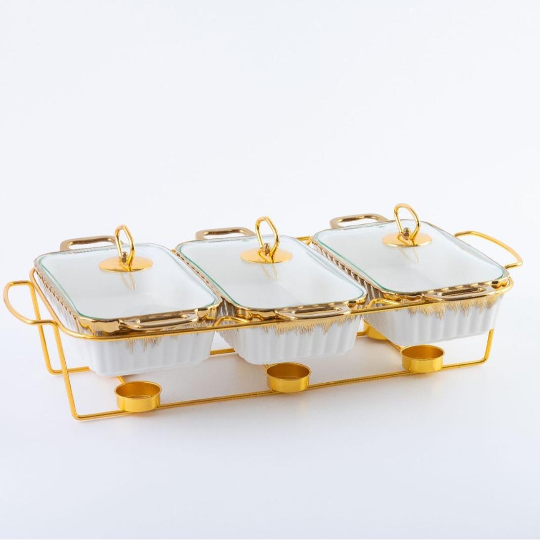 casserole三格长方形陶瓷盘烤盘金属架子加热汤锅干锅bakeware