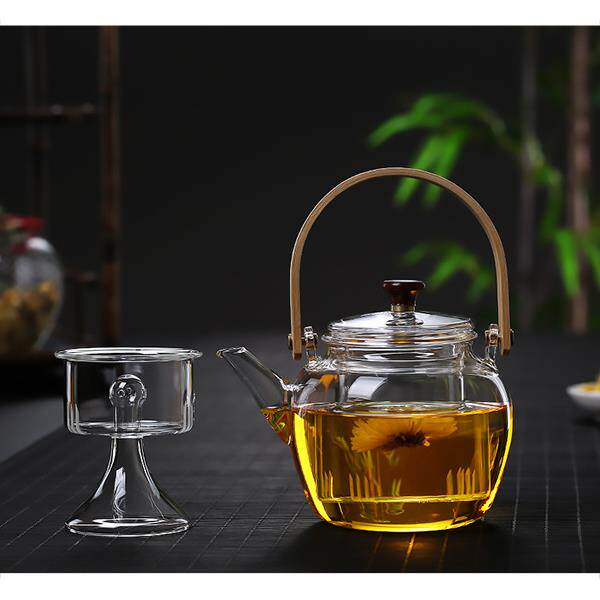 耐热玻璃蒸茶煮茶两用茶壶玻璃煮茶壶竹子提梁壶