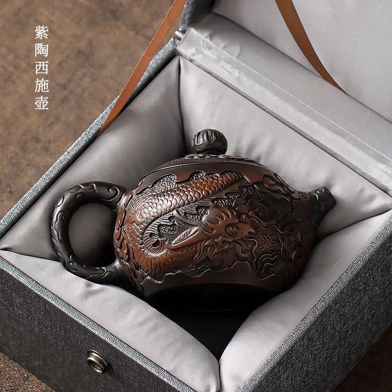 复古满雕紫陶茶壶陶瓷手工西施壶家用大号单壶泡茶器石瓢壶普洱壶