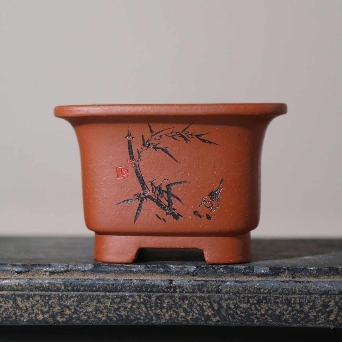 刻正方形紫砂四方绘盆名家口兵制泥飘花盆绘手工泥塑盆苏盆菖蒲