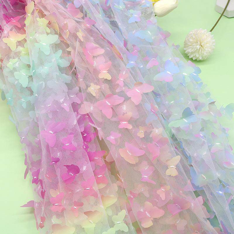 现货 3D立体彩虹蝴蝶刺绣网纱布网眼布 背景布装饰时尚舞台服面料