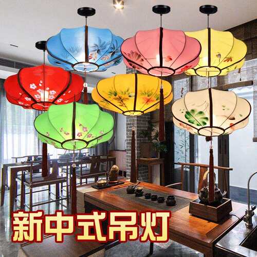 灯笼中式布艺手绘吊灯中国风国画饭店灯室内创意现代仿古飞碟灯笼
