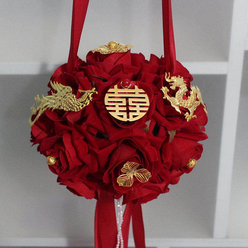 拦门花球中式婚礼新娘新郎结婚绣球彷真绒布玫瑰中国风龙凤呈祥