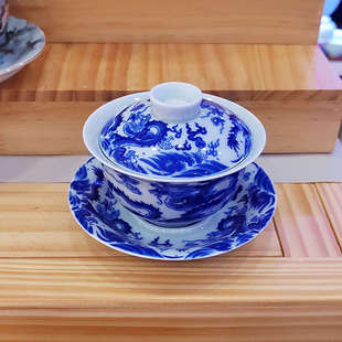 景德镇陶瓷青花瓷纹龙三才盖碗高档功夫茶具防烫泡茶器家用敬茶碗