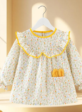 围兜宝宝防吐奶围兜棉服婴幼儿洋气饭兜辅食护衣长袖秋冬小孩兔子