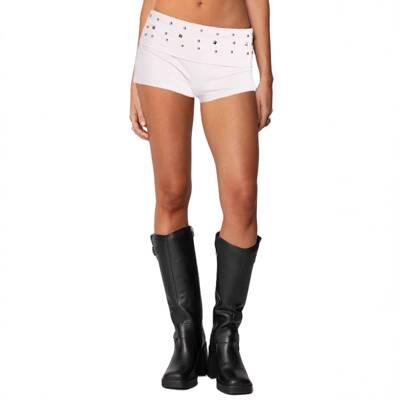 Women Studded Fold Over Micro Shorts Elastic Low Rise Rivet