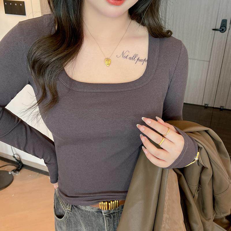 大码方领螺纹长袖打底衫女士莫代尔内搭春秋季可外穿正肩Tt恤上衣