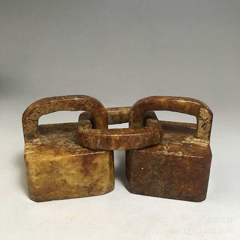 厂家高古玉老玉古玩杂项收藏仿古玉器岫玉摆件古代双锁链印章手
