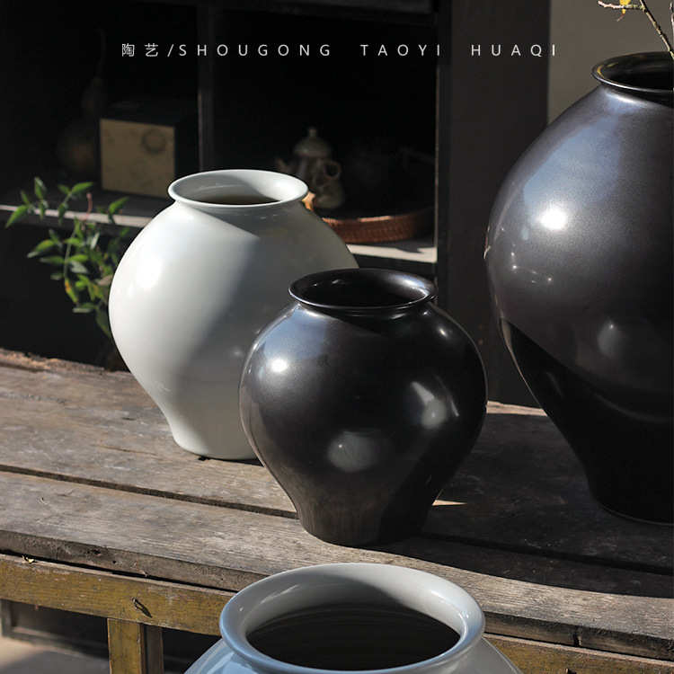 日式黑色陶瓷花瓶感侘寂风插花花器简约复古装饰民宿陶罐摆件