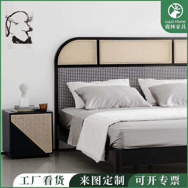 北欧设计师实木手工藤编眼笪藤白蜡木1.8米双人床主卧1.5米民宿床