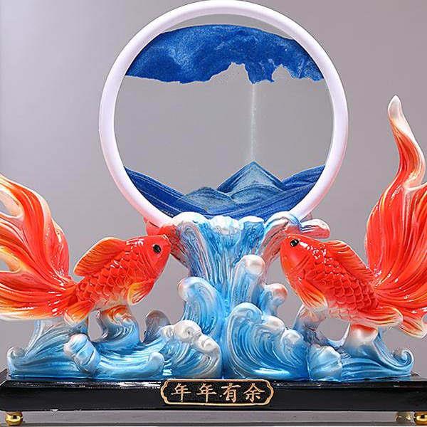 创意新中式双鱼锦鲤流沙画盘摆件桌面新款个性客厅办公室玄关摆件