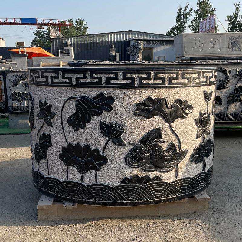 石雕鱼缸户外庭院青石水缸仿古石缸花盆荷花缸圆形石缸养鱼养花缸