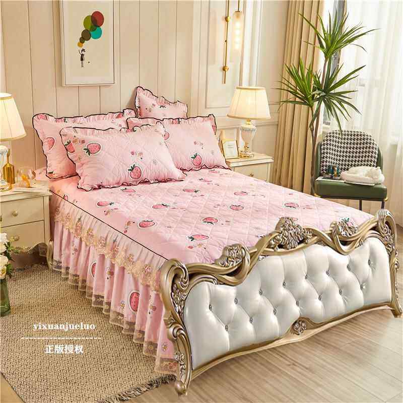 1棉9EK秋冬WRR厚欧式无尾蕾丝床裙夹棉床加绗缝纯床罩美式床套单