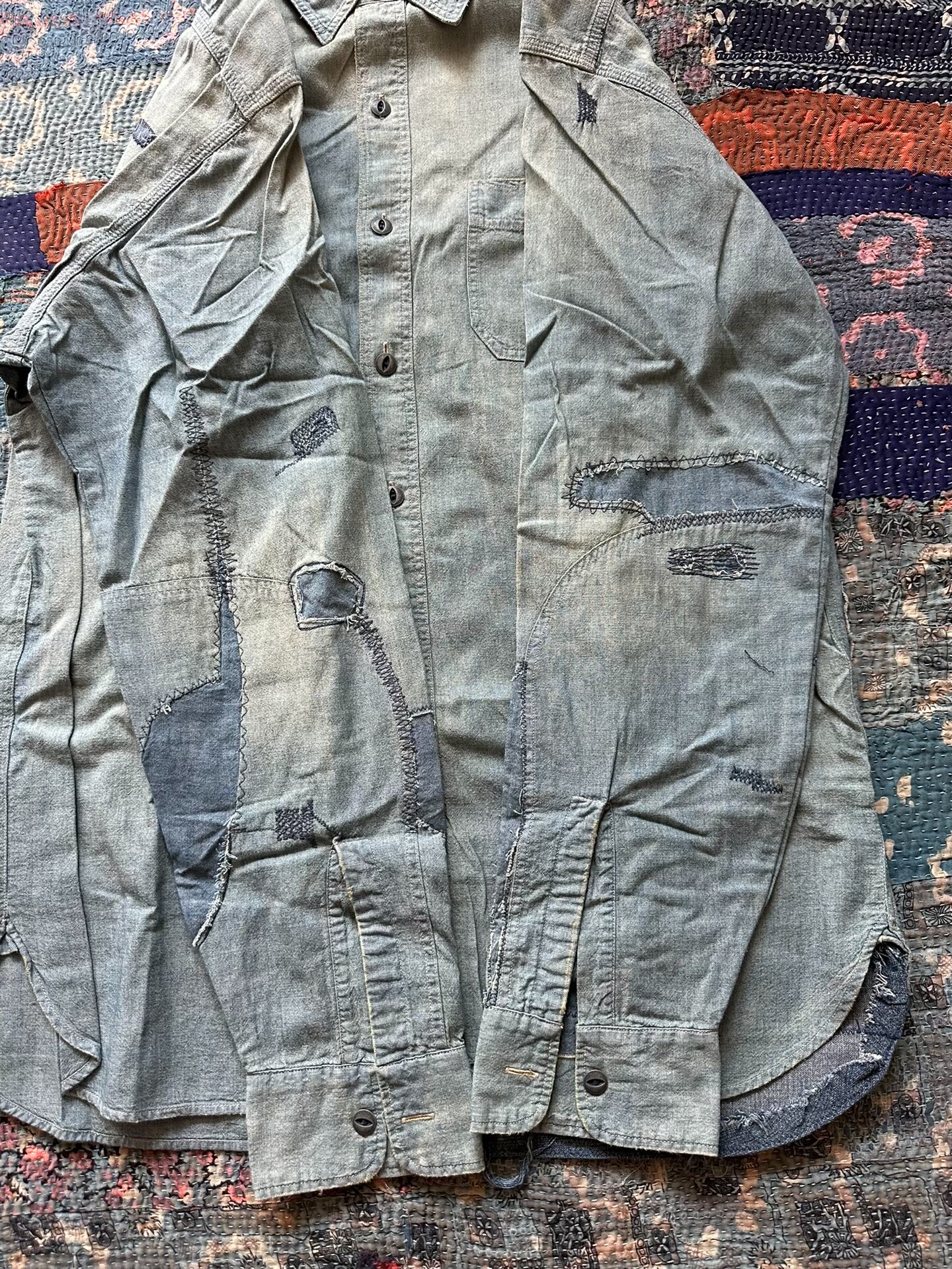 RRL Grayish-Green Distressed Patch Shirt — label