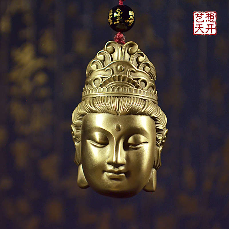 纯黄铜普贤观音菩萨手把件禅意佛头高档礼物行愿随身盘玩佛像挂件