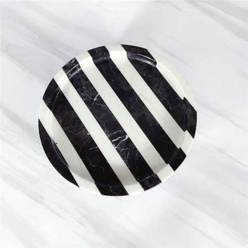 黑白简约现代装饰装果盘摆件条纹托盘果盘软样板间大理石器花
