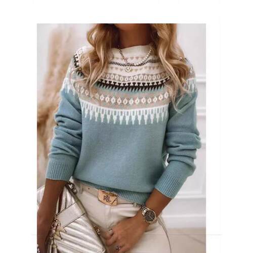 Sweater women's round neck color blocked pullover knitted