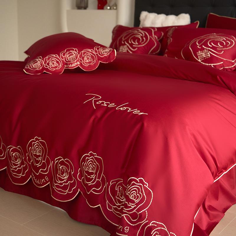 棉长绒CGL22-Ys棉四大件套刺绣纯棉套红色床单婚庆嫁娶被结婚床上