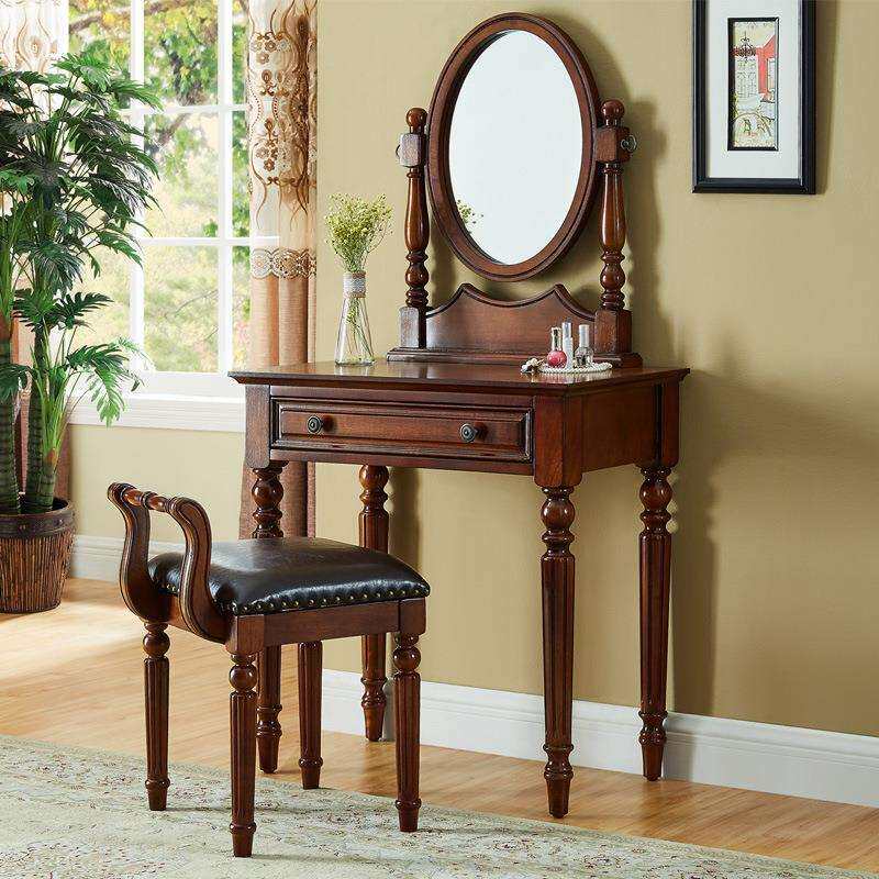 美式乡村梳妆台卧室小户型复古实木深色迷你欧式化妆桌镜凳田