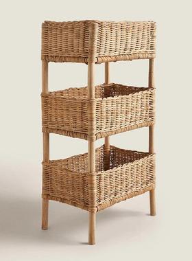 藤编收纳筐约落地S2130客厅置多层物架卧室实木简收现代厨房纳架