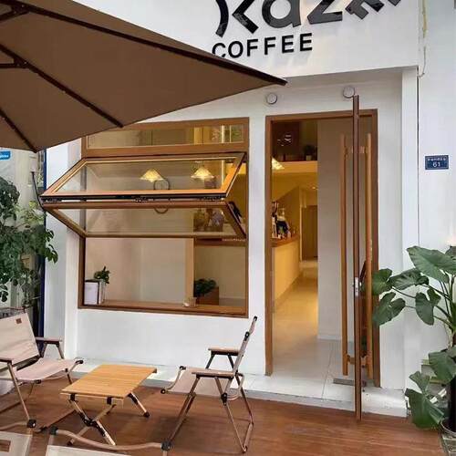 定制网红铝合金木纹色上下折叠窗咖啡店奶茶店吧台上翻窗任意随停