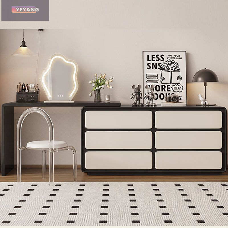 法式现代简约实木奶油风梳妆台家用卧室收纳柜一体黑白色化妆用桌