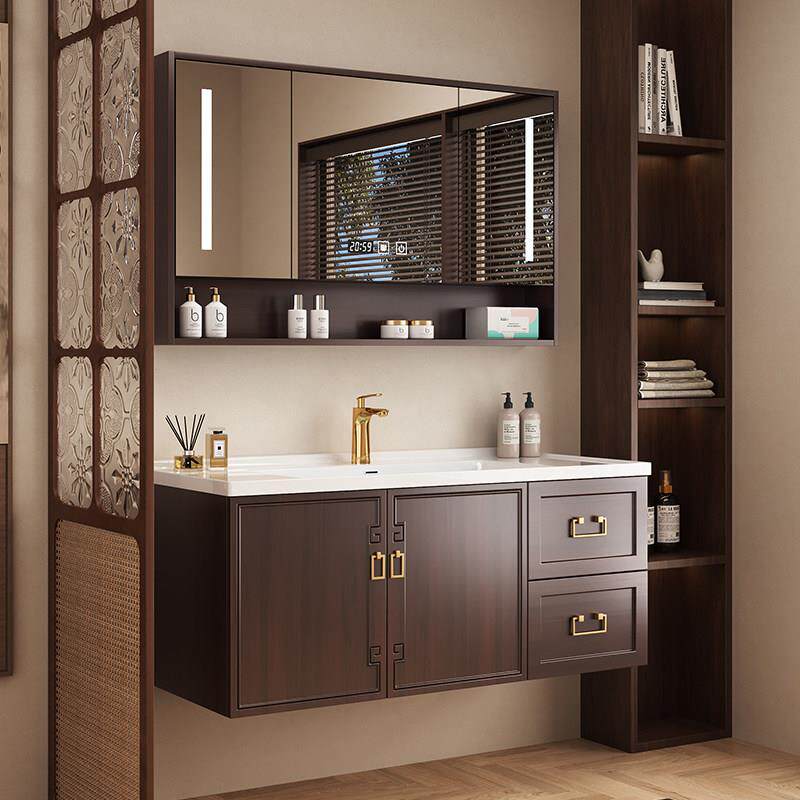 中古风橡木浴室柜陶瓷一体盆化妆室智能洗手台洗脸盆柜组合挂墙式