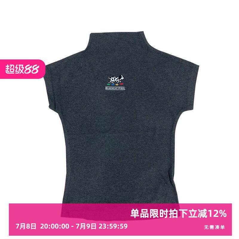 黑喵像素 夏季斑点狗冰丝针织短袖t恤背心女半高领宽松显瘦薄款