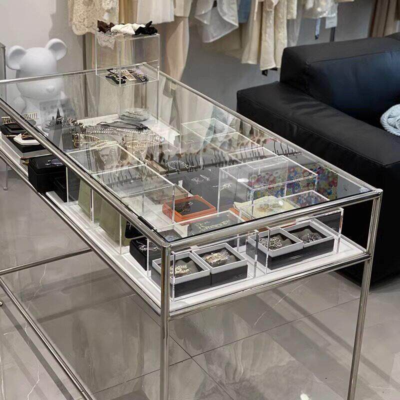 服装店饰品店中间摆放玻璃不锈钢展示台中岛陈列架电脑办公桌道具