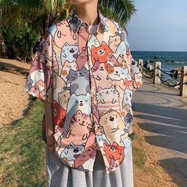 夏威夷沙滩衬衫男短袖宽松大码小众设计感冰丝花衬衣ins潮牌炸街