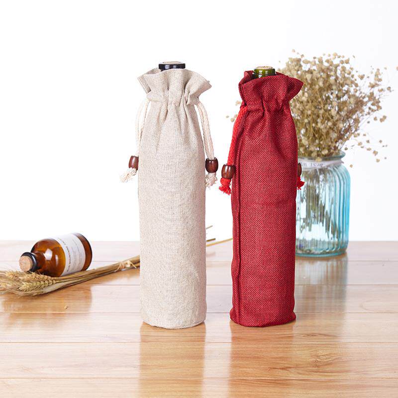可定制logo亚麻圆底束口袋圆形整理袋抽绳布袋酒瓶收纳袋包邮
