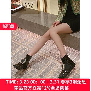Hunnz RV方扣短靴女水钻漆皮真皮英伦切尔西靴2026新款秋季马丁靴