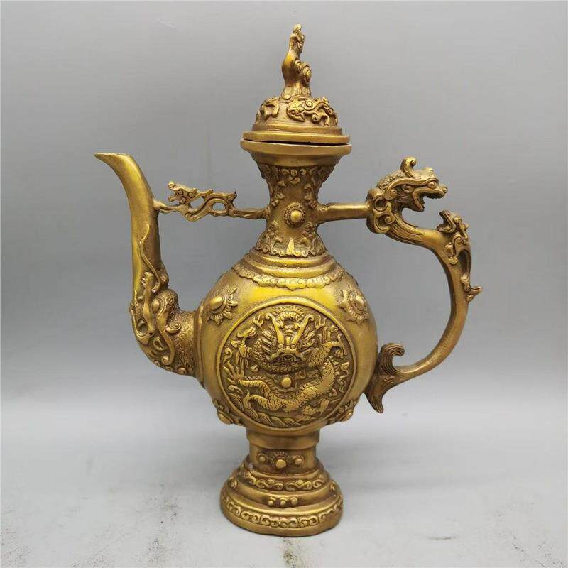 仿古纯铜双龙酒壶茶壶浮雕龙壶客厅家居装饰工艺品桌面摆件