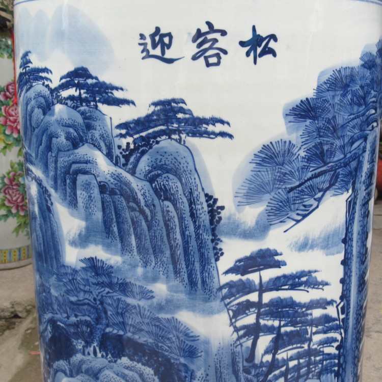迎客松酒店青花瓷装饰品手绘金钟开业摆件大陶瓷景德镇花瓶礼