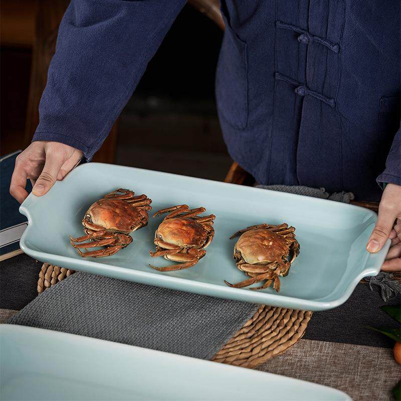 陶瓷双耳烤盘影青大号长方形芝士焗饭盘电烤箱微波炉专用烘焙烤碗