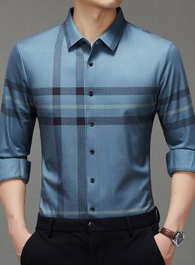 502-LN男士冰子丝长袖衬衫2025秋季时尚无痕休上衣格务闲印花衬衣