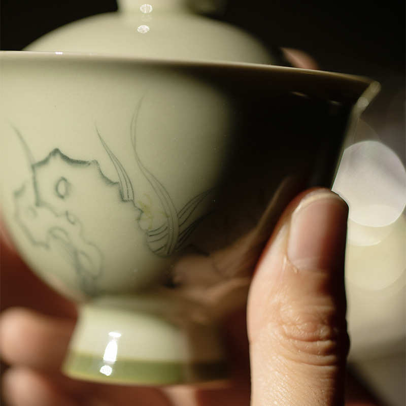 束刻 觅青釉下粉彩手绘幽兰高足盖碗功夫茶具茶碗手工不烫手