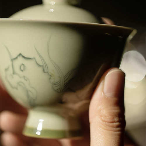 束刻 觅青釉下粉彩手绘幽兰高足盖碗功夫茶具茶碗手工不烫手