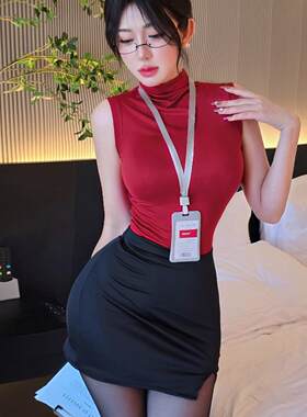 夜店性感辣妹cos秘书制服纯色半高领无袖紧身上衣包臀半身裙套装