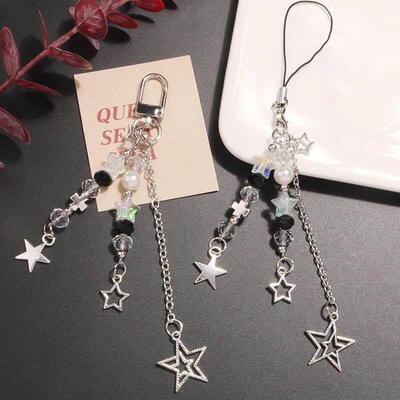 Goth Y2K Phone Charm Star Pearl Keychain Pendant Kawaii Key