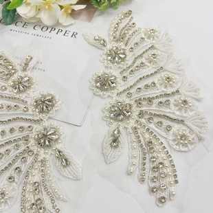 白色重工钉珠手缝钻立体花朵蕾丝花边对花辅料高档服装钻饰贴片