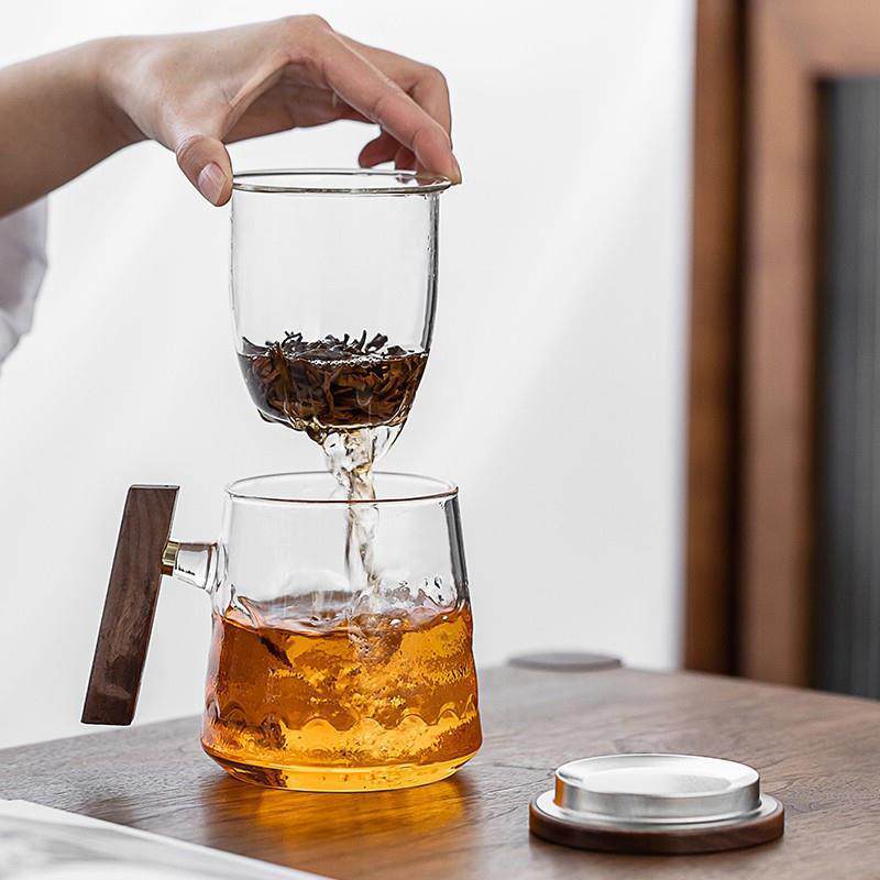 金镶玉 玻璃茶杯 高硼硅耐高温木把玻璃杯可过滤 清灵木把泡茶杯