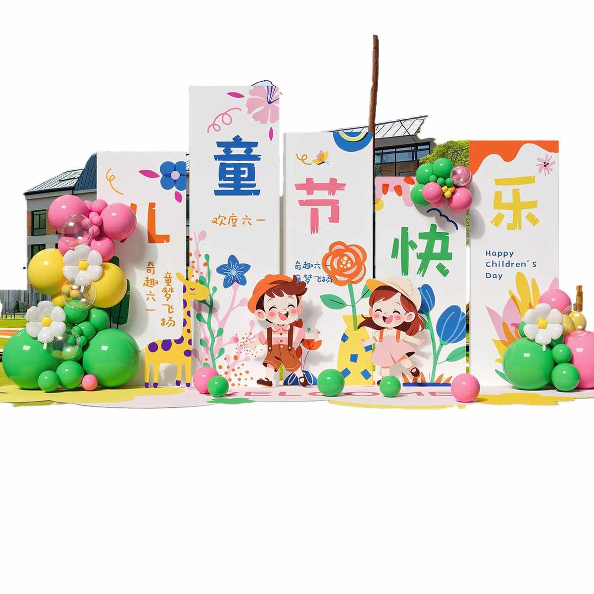幼儿园六一儿童节布置装饰氛围小学校场景主题活动气球板背景墙猫