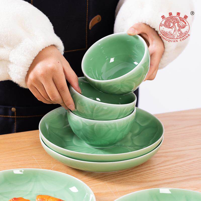 乔龙泉青瓷米饭碗套装陶家用小汤面6个装米瓷粥碗新婚迁送礼盒物