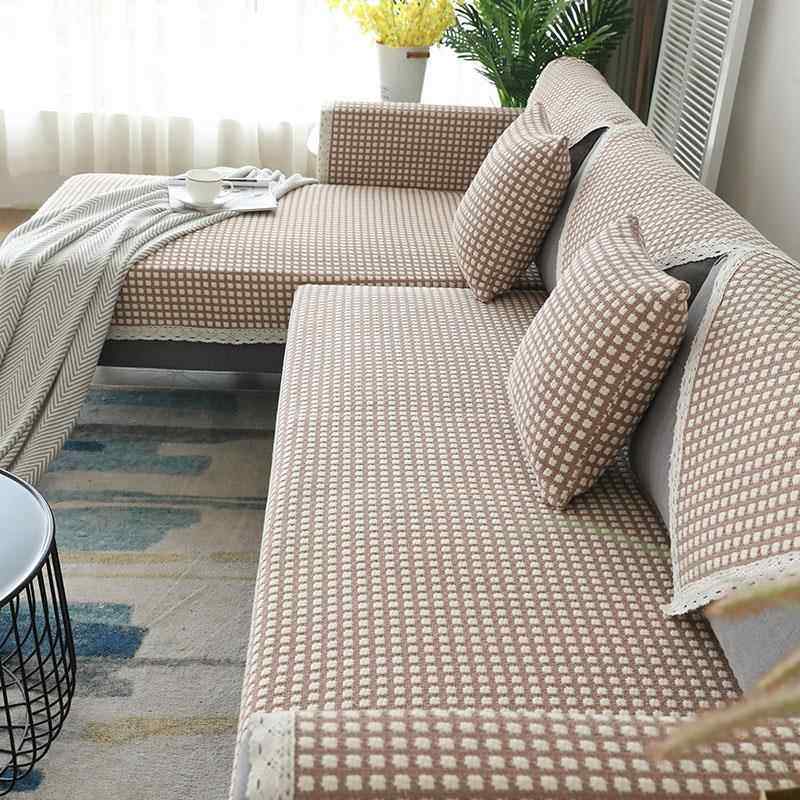 高档小格子沙套发布垫棉麻四通季用艺北欧简约现代防滑夏沙发罩巾