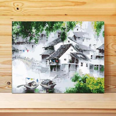 数字油画diy中国风涂色填色画 水墨中式绘画填充装饰画 梦里水乡