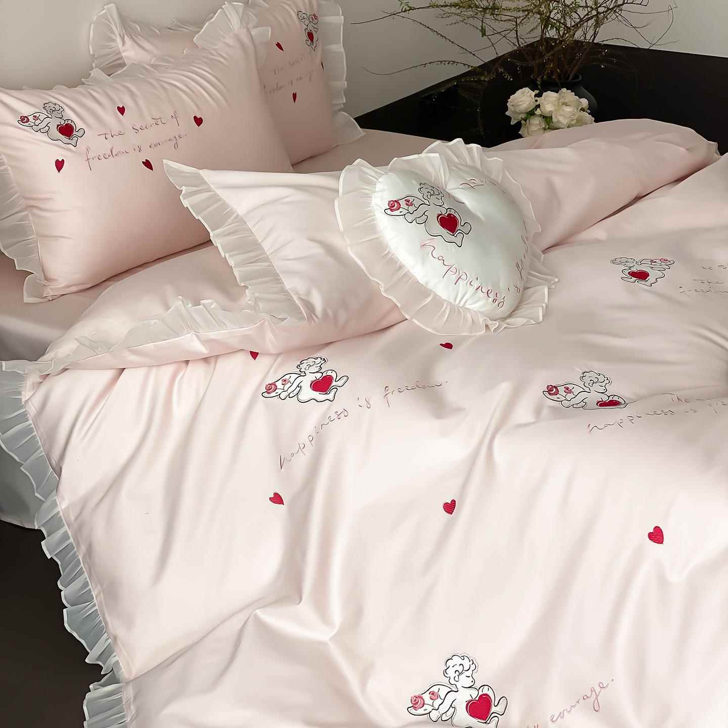 公主风纯棉100支长荣棉四件套粉色少女全棉刺绣床单被套床上用品