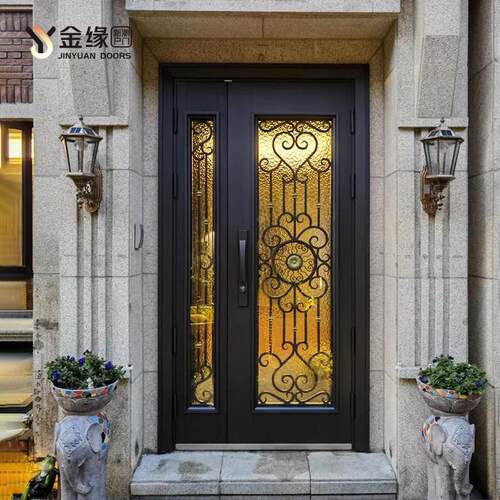 金缘玻璃防盗门进户门花园子母门单门铁艺入户门欧式豪华别墅大门