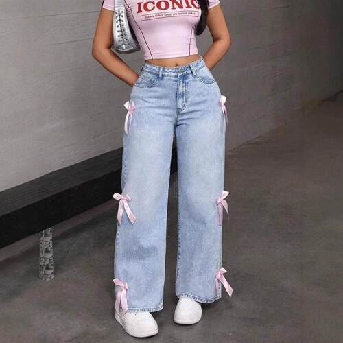 Girls' Dark Wash Loose Fit Jeans Side Bow Elastic Waist